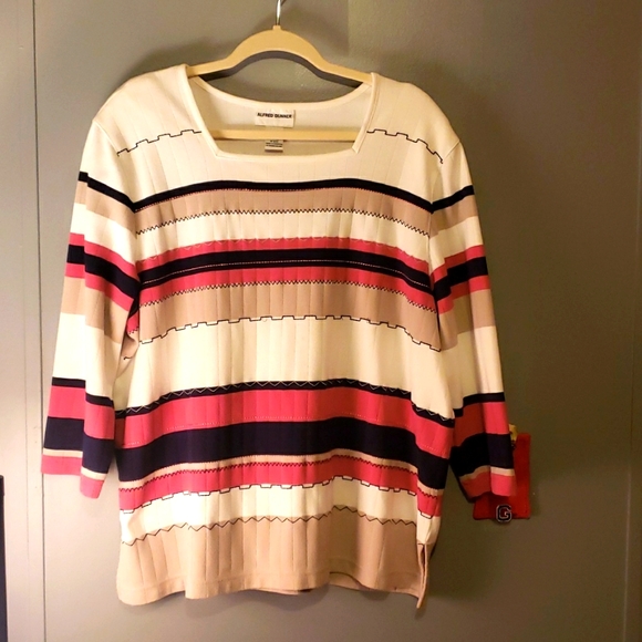 Alfred Dunner Sweaters - Alfred Dunner Lady's Square Neck Boat Sweater In Colors: Blue,Pink,Tan